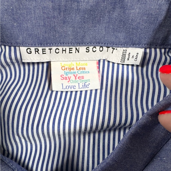 Gretchen Scott Cotton Blend Ruffle Sleeve Chambray Button Up Blouse - Picture 2 of 8